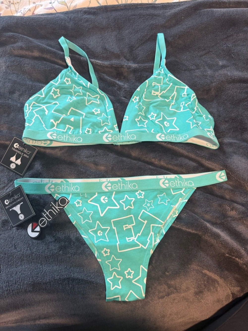 Womens Ethika Teal Star Logo Triangle bra & pantie Set